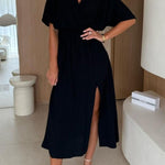 Linen Blend Solid Color V-neck Short Sleeve Waist Loose Slit Midi Dress