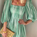 Summer Greens Linen Blend Ethnic Print Balloon Sleeve Back Tie-up Mini Dress