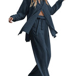 Women 2 Piece Outfits Sets Linen Button Down Long Sleeve Shirts and Wide Leg Pants Sets - Nadorine (Us Only)