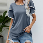 Pom-Pom Trim Flutter Sleeve Round Neck Tee Casual Blouses Tops