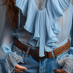 Powder Blue Lace Trim & Ruffled Pleated Chiffon Blouse