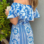 Irene Bohemian Print Off The Shoulder Belted Ruffle Maxi Dress