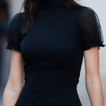 Elegant Mock-Neck Sheer Puff Sleeve Ruffle Hem Mini Dress