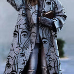 Nadorine Casual Long Sleeve Lapel Printed Notched Collar Warm Midi Jacket Overcoat