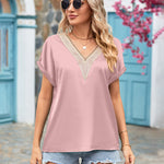 Short Sleeve V Neck Blouse Top Lace Trim Casual Summer Tee Shirt