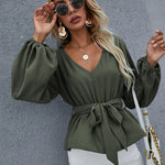 Nadorine V Neck Leisure Long Lantern Sleeve Belt Solid Shirt Tops