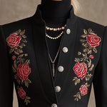 Stand Collar Single-breasted Rose Embroidered Woolen Blazer