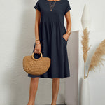 Round Neck Short Sleeve High Waist Dresses Solid Color Casual Holiday Beach Party Sundress