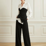Elasticated Waist Irregularity Asymmetric Buttoned Contrast Color Split-Joint V-Neck Blouses&Shirts Tops