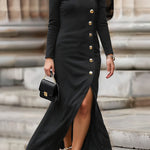 Long Sleeves Buttoned Solid Color Split-Front Stand Collar Maxi Dresses