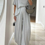 Light Grey Casual Top and Wide-leg Pants Set