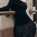Long Sleeve Off Shoulder Panel Puff Mini Dress