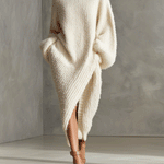 Women's Cream Elegant Faux Mink Knit Asymmetric Slit Midi Dress