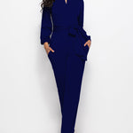 Elegant Long Sleeve Straight Long Pants Jumpsuits Clubwear Rompers with Pockets