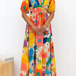 Floral Frenzy Printed Puff Sleeve Back Smocked Maxi Dress