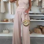 Elegant Solid Color Asymmetric Ruffles Bandeau Top and High Waist Wide Leg Pants Set