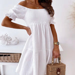 Off Shoulder Summer Casual Dresses Solid Loose Fit Short Flowy Pleated Dress Swing Beach Sundress