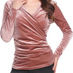 Nadorine Velvet Tops for Women Long Sleeve Sexy Casual V-Neck Cross Wrap Shirts Ruched Fitted Blouse Party Club Night (Us Only)