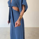 Lace-up Exposed Waist Cotton and Linen Dress