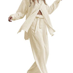 Women 2 Piece Outfits Sets Linen Button Down Long Sleeve Shirts and Wide Leg Pants Sets - Nadorine (Us Only)