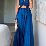 Midnight Charm Satin Ruched Cutout Tie-up Maxi Dress