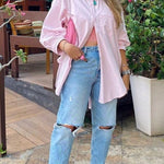 Nadorine Cotton Button Down Shirts Long Sleeve V Neck Tops
