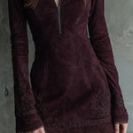 Vintage Suede Embroidered Lace Trim Mini Dress