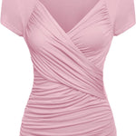 Nadorine Cross-Front V Neck Ruched Short Sleeve Blouses
