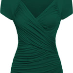 Nadorine Cross-Front V Neck Ruched Short Sleeve Blouses