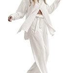 Women 2 Piece Outfits Sets Linen Button Down Long Sleeve Shirts and Wide Leg Pants Sets - Nadorine (Us Only)