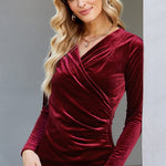Nadorine Velvet Tops for Women Long Sleeve Sexy Casual V-Neck Cross Wrap Shirts Ruched Fitted Blouse Party Club Night (Us Only)