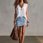 Western Retro Frayed Camel Denim Mini Skirt And Shorts