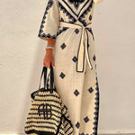 Margovil V Neck Tie Waist Side Split Bohemia Printed Maxi Dress