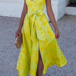 Margovil Ruffled Shoulder Bow Knot Waist Slit Printed Vintage Party Dress