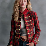 Retro Red Plaid Frog Button Velvet Collar Jacket