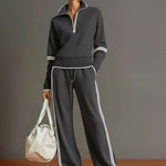 Retro Sporty Webbing Grey-white Half-zip Sweatshirt And Wide-leg Pants Set