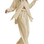 Women 2 Piece Outfits Sets Linen Button Down Long Sleeve Shirts and Wide Leg Pants Sets - Nadorine (Us Only)