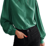 Women's Silk Button Down Shirts V Neck Long Sleeve Casual Work Office Blouse Top - Nadorine (Us Only)
