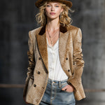 Retro And Fashionable Leopard Print Color-block Collar Velvet Blazer