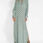 Nadorine Women's Boho Geometric Figure V Neck Long Sleeve Split-Side Long Dresses