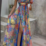 Let's Elope Floral Print Pleated One Shoulder Sleeve Slit Maxi Dress
