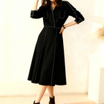 A-Line Elasticated Waist Contrast Color Line Split-Joint Lapel Midi Dresses