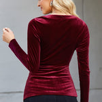 Nadorine Velvet Tops for Women Long Sleeve Sexy Casual V-Neck Cross Wrap Shirts Ruched Fitted Blouse Party Club Night (Us Only)