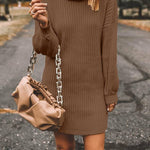 Turtleneck Long Sleeves Ribbed Knit Sweater Dress