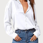 Nadorine Women Satin Button Down Shirt Long Sleeve Tops