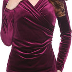 Nadorine Velvet Tops for Women Long Sleeve Sexy Casual V-Neck Cross Wrap Shirts Ruched Fitted Blouse Party Club Night (Us Only)
