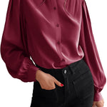 Women's Silk Button Down Shirts V Neck Long Sleeve Casual Work Office Blouse Top - Nadorine (Us Only)