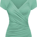 Nadorine Cross-Front V Neck Ruched Short Sleeve Blouses
