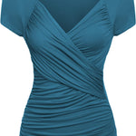 Nadorine Cross-Front V Neck Ruched Short Sleeve Blouses
