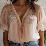 Boho Floral Embroidered Chiffon Blouse